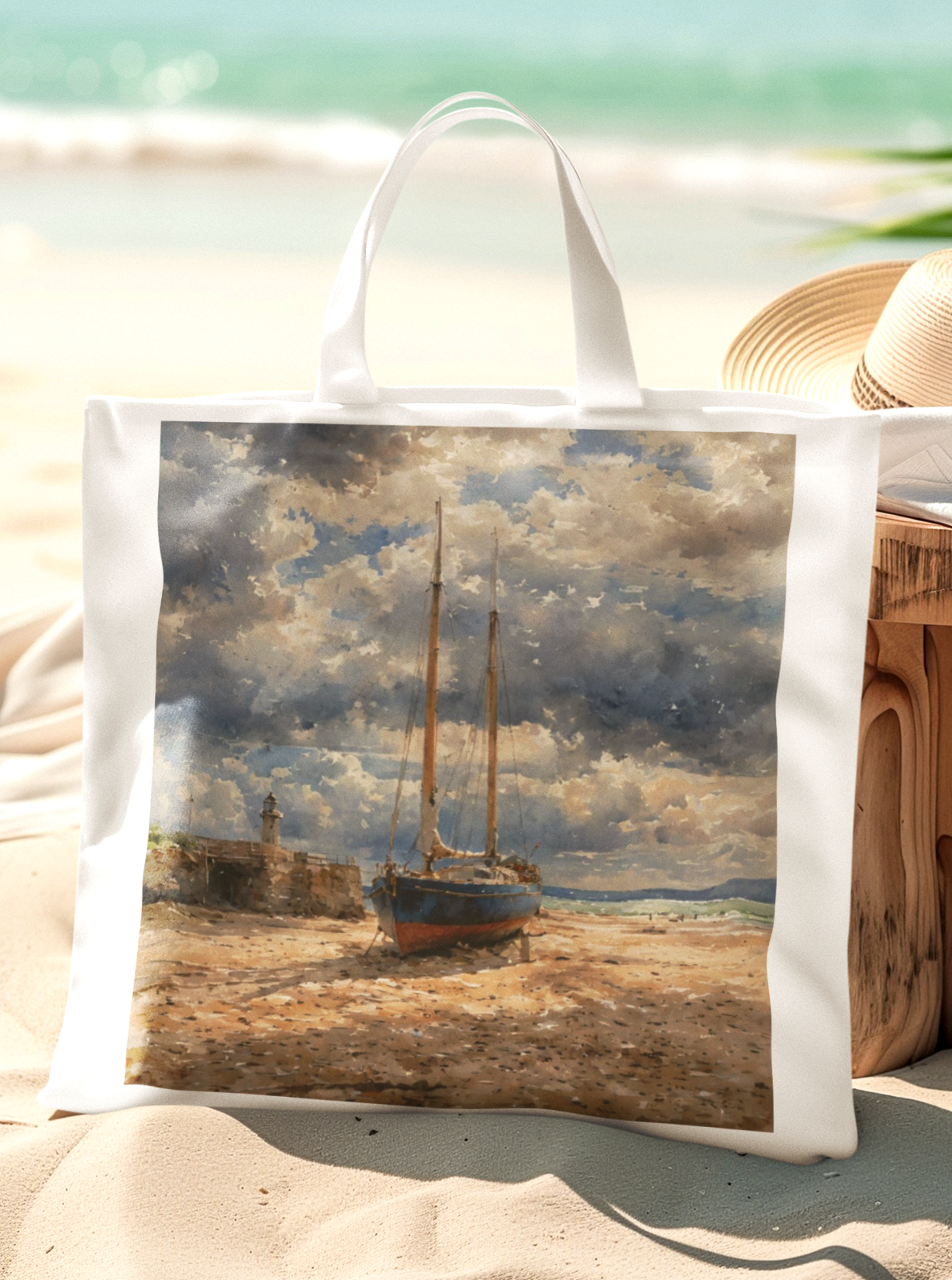 Cornwall tote bag collection — St Ives Working Boat watercolour coastal artwork on white cotton canvas tote bag, Surf Shack Designs