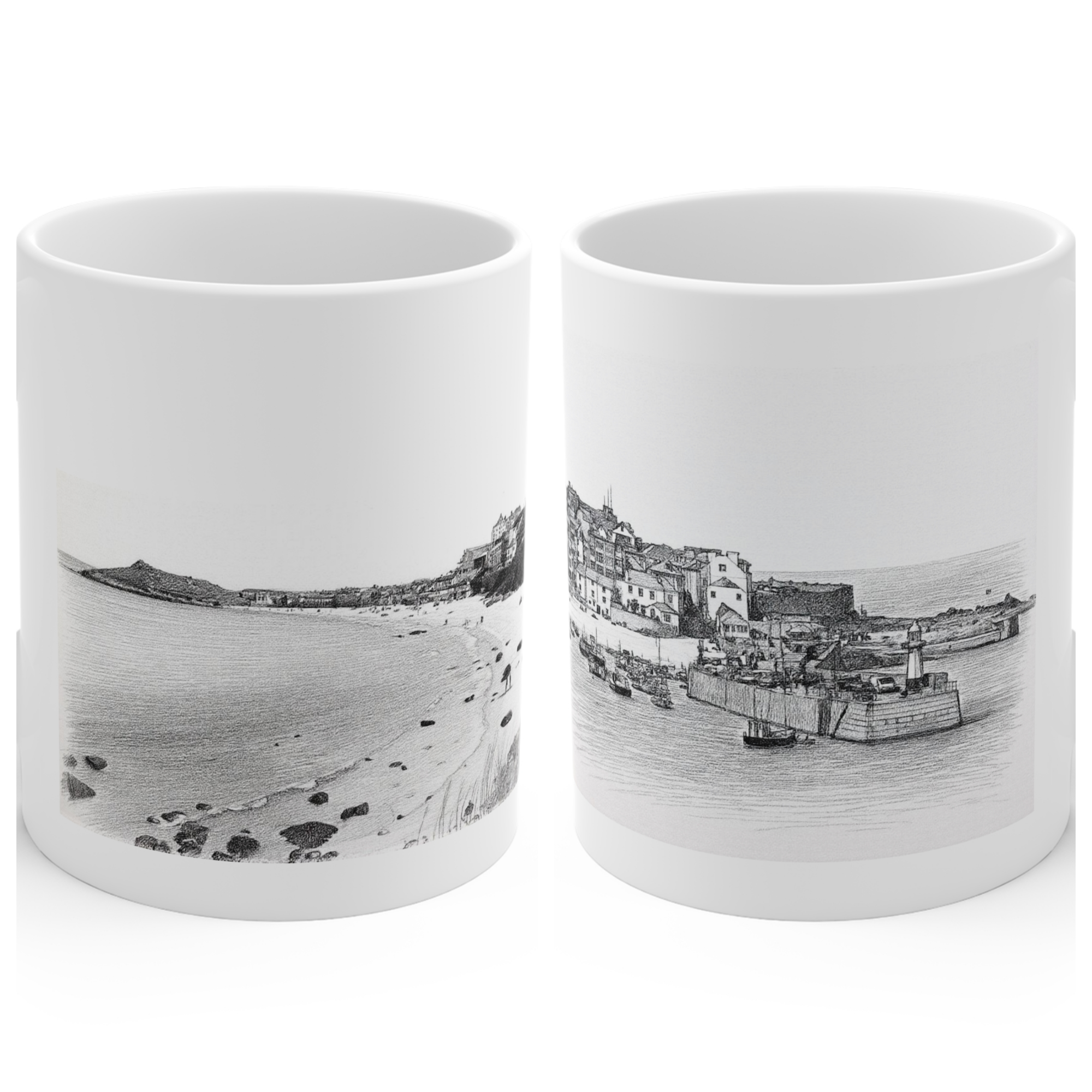 St Ives Cornwall ceramic mugs with pencil sketch illustrations of St Ives beach and Smeaton's Pier harbour — Surf Shack Designs Cornwall mug collection