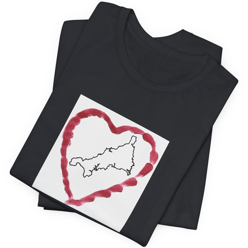 Close-up of hand-drawn Kernow heart map on Cornwall graphic Grey t-shirt