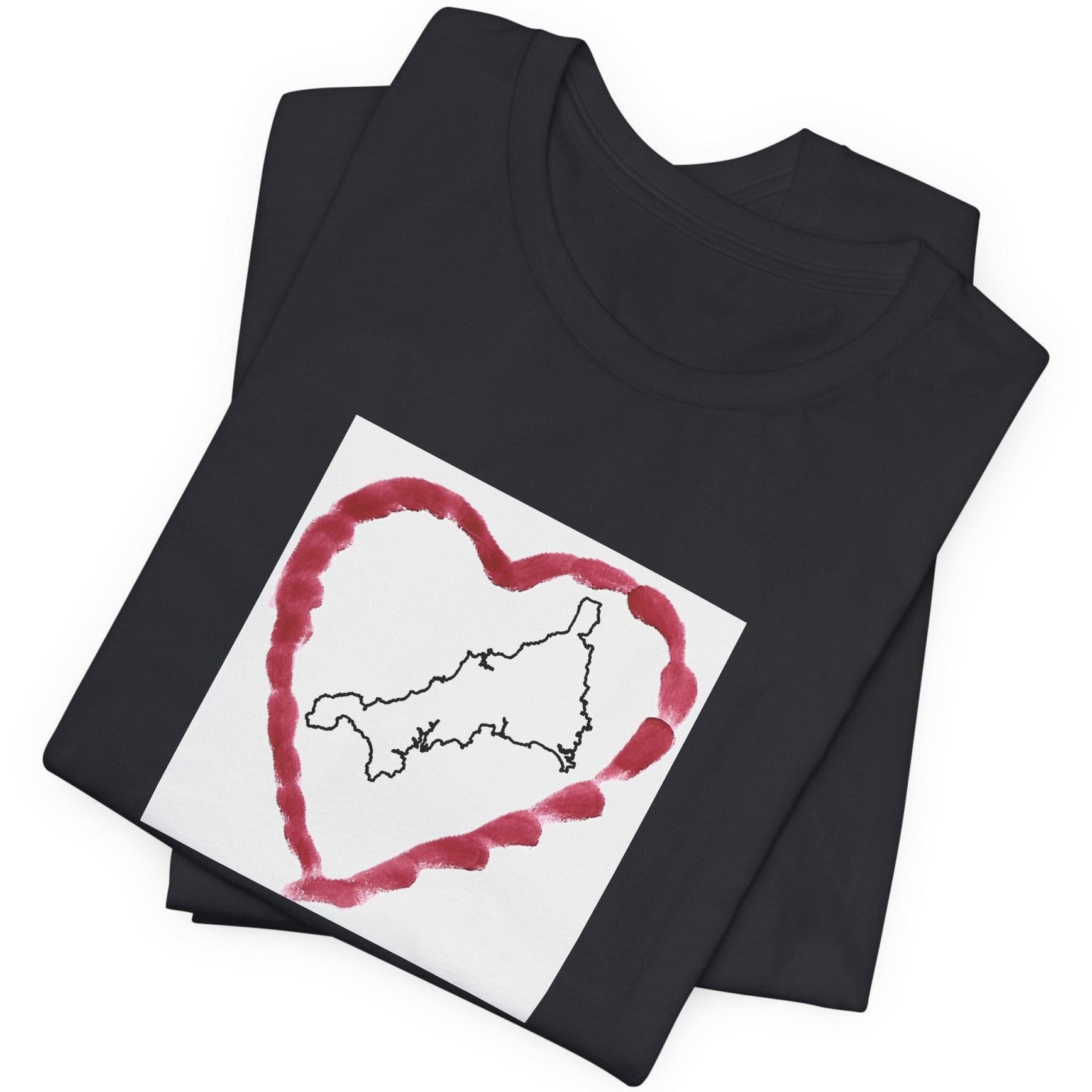 Close-up of hand-drawn Kernow heart map on Cornwall graphic Grey t-shirt