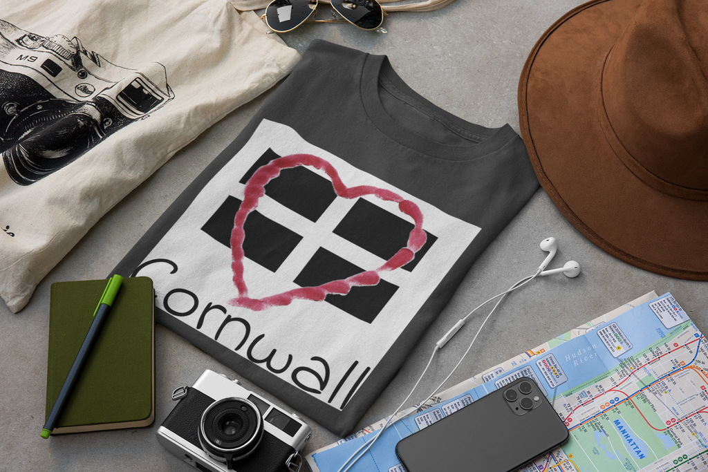 Asphalt Grey folded Cornwall Heart Flag t-shirts, St Piran flag graphic tee
