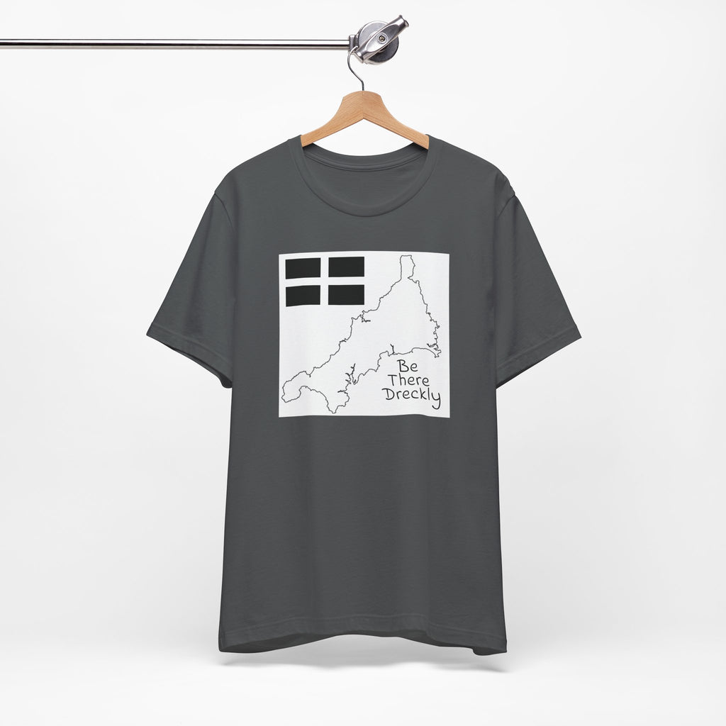 Asphalt grey Cornwall Be There Dreckly t-shirt on hanger, unisex tee