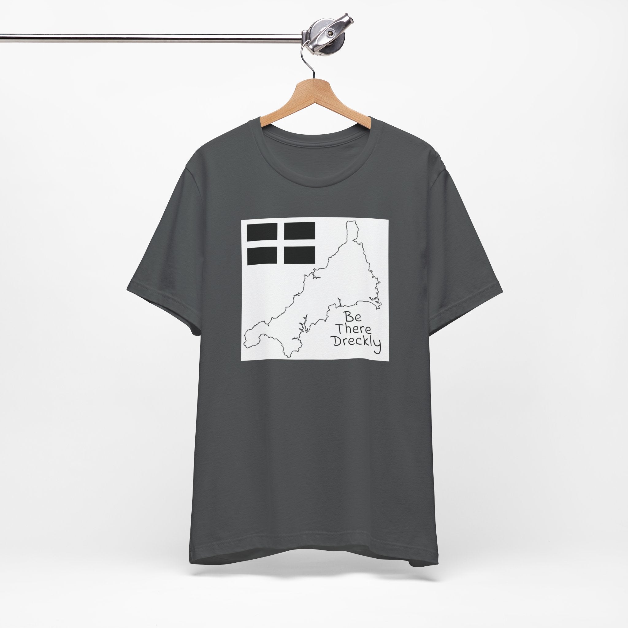 Asphalt grey Cornwall Be There Dreckly t-shirt on hanger, unisex tee