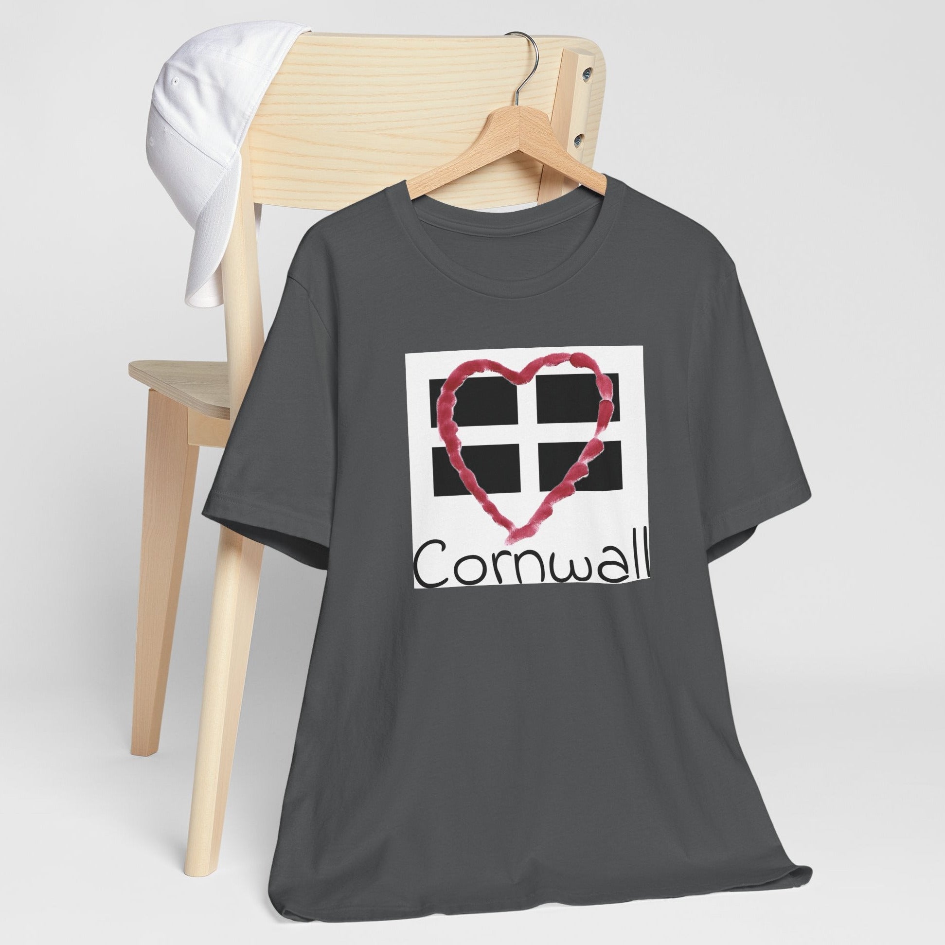 Asphalt grey Cornwall Heart Flag t-shirt on hanger, St Piran flag design tee