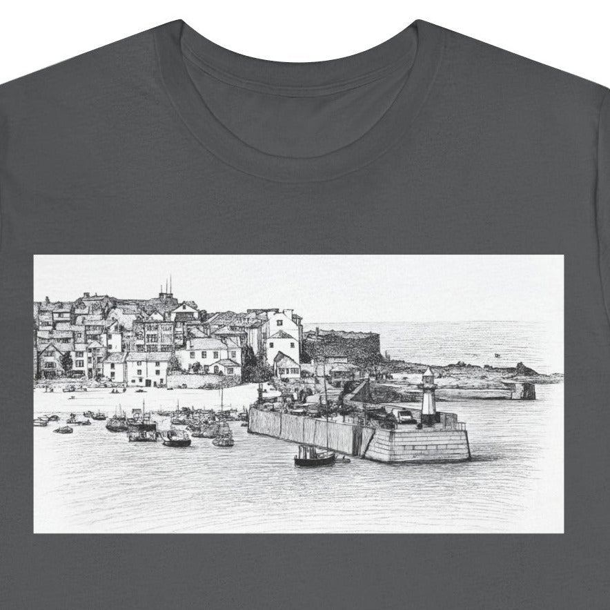 Asphalt grey St Ives harbour illustration t-shirt, Bella+Canvas unisex tee