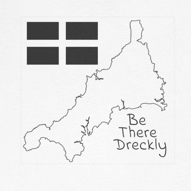 Be There Dreckly Cornwall map and St Piran flag t-shirt design, minimalist line ar