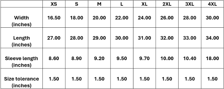Bella+Canvas 3001 unisex t-shirt size guide, XS to 4XL measurement sizing chart for surf shack design tee shirts