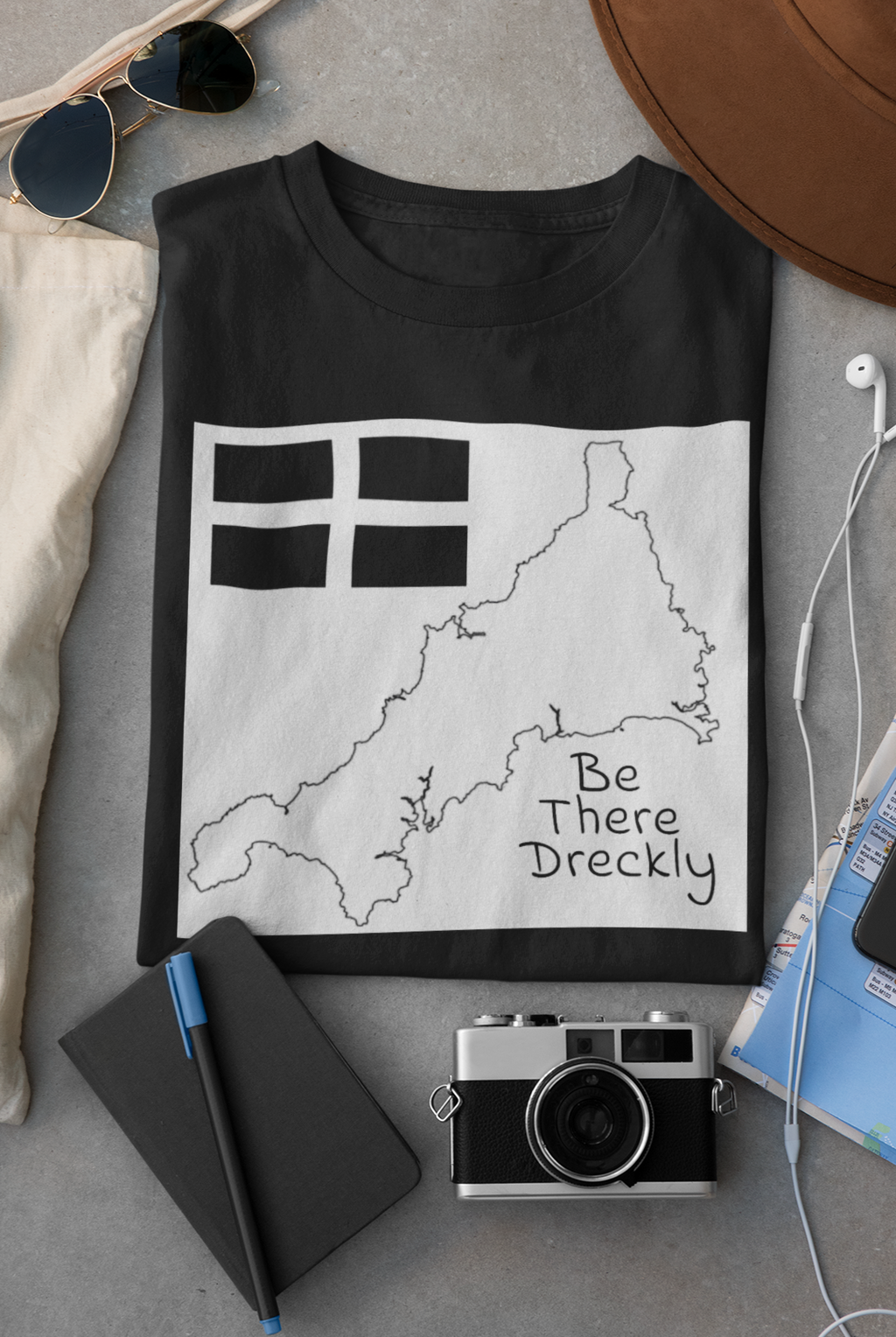 Black Be There Dreckly Cornwall map and St Piran flag t-shirt design, minimalist line art