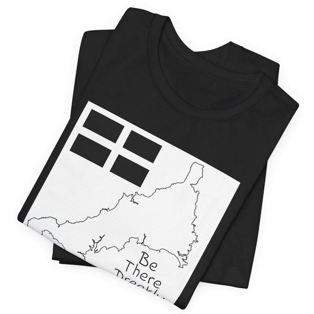 Black Be There Dreckly Cornwall t-shirt flat lay, minimalist map graphic tee