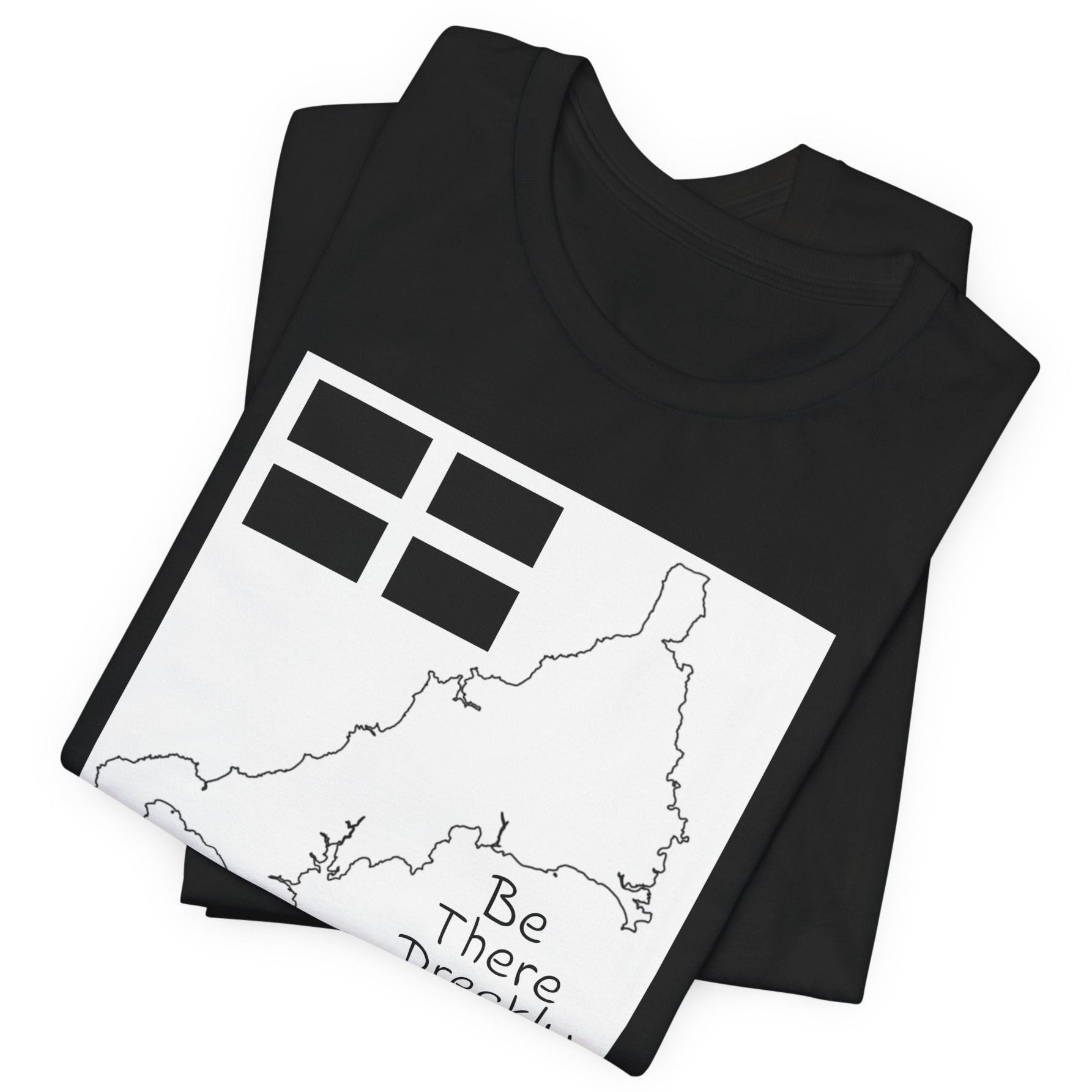 Black Be There Dreckly Cornwall t-shirt flat lay, minimalist map graphic tee