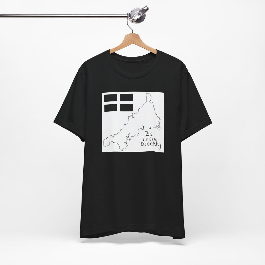 Black Cornwall Be There Dreckly t-shirt on hanger, unisex tee