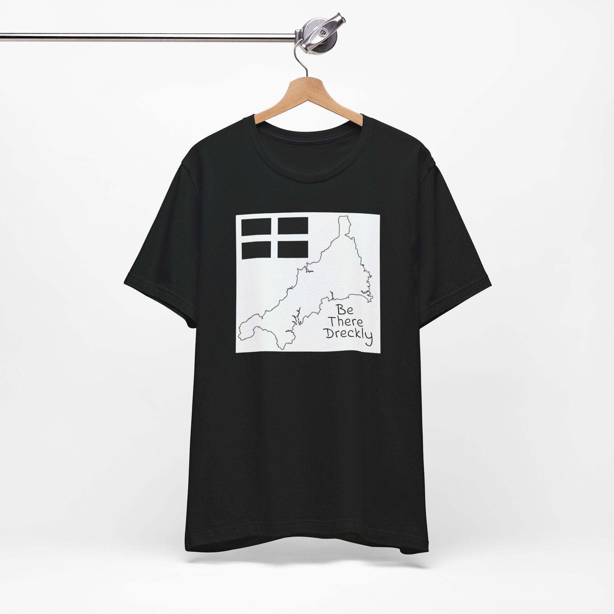 Black Cornwall Be There Dreckly t-shirt on hanger, unisex tee