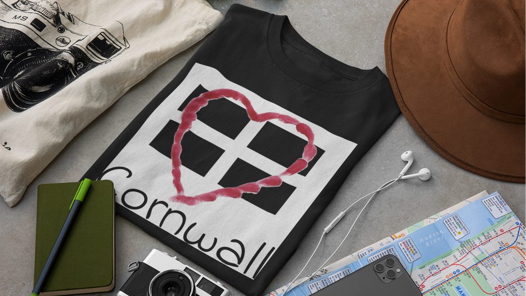 Black Cornwall Heart Flag t-shirt flat lay, Love Cornwall graphic tee