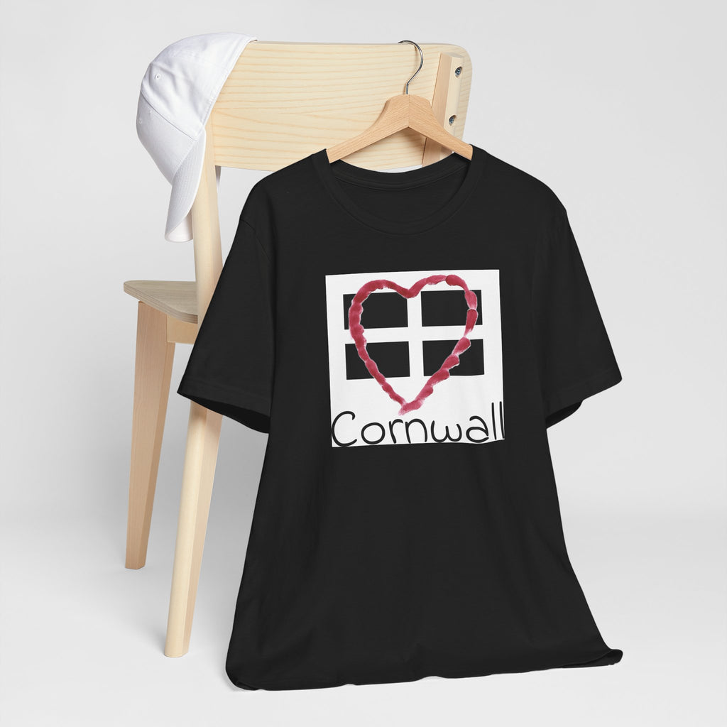 Black Cornwall Heart Flag t-shirt on hanger, St Piran flag design tee