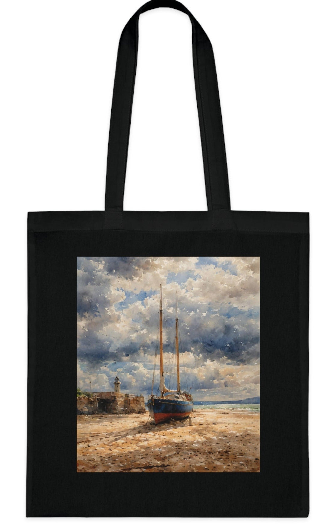 Black Cornwall tote bag with St Ives fishing boat artwork — coastal gift bag