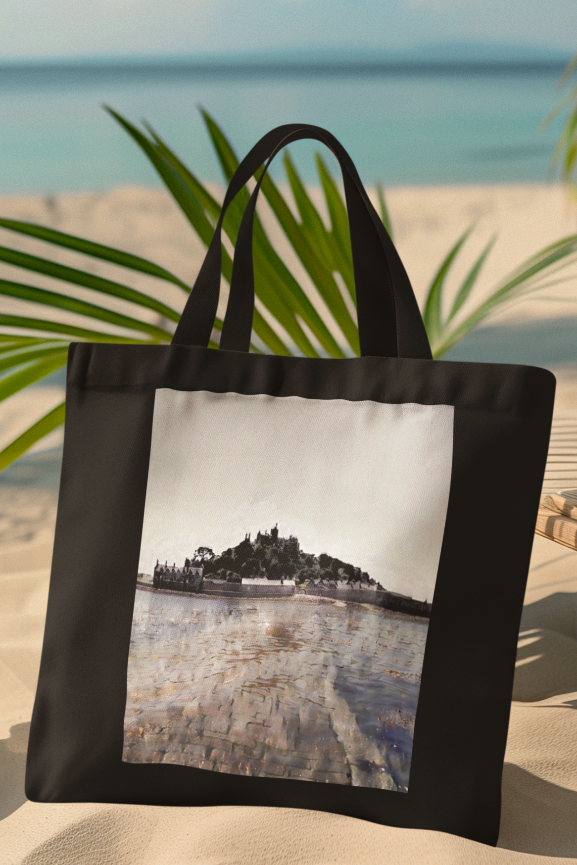 Black Cornwall tote bag with St Michael's Mount illustration on beach — Cornish gift bag