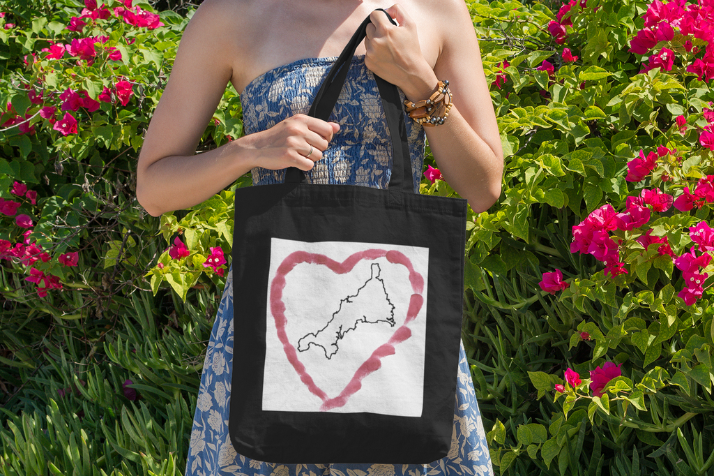 Black Cornwall tote bag with red Kernow heart map — bold Cornish gift bag