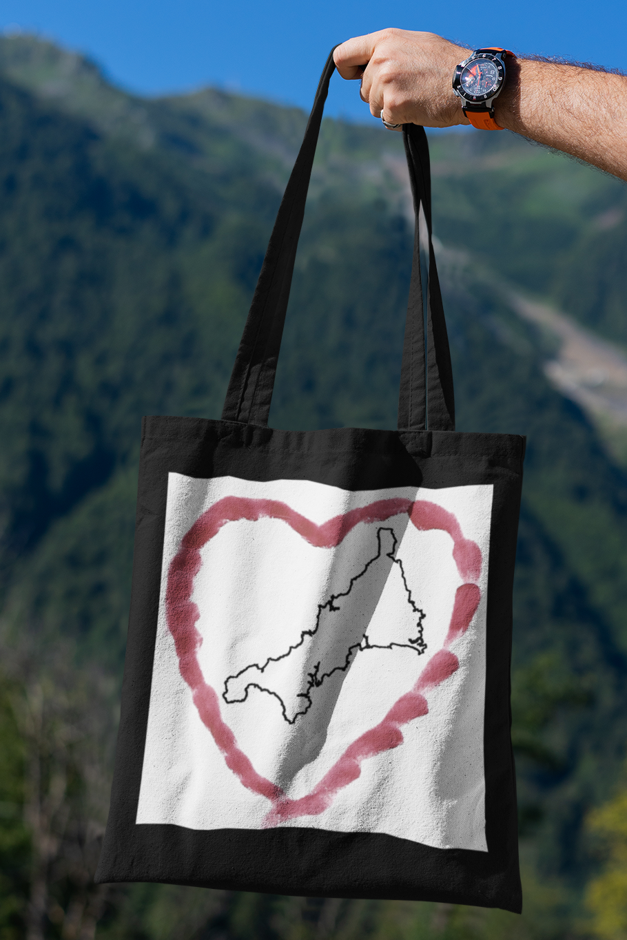 Black Handle detail on I Love Cornwall cotton tote — reinforced stitching Cornish gift bag