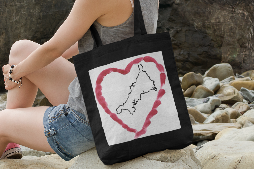 Black I Love Cornwall tote bag with Kernow heart design — Cornish gift shopper