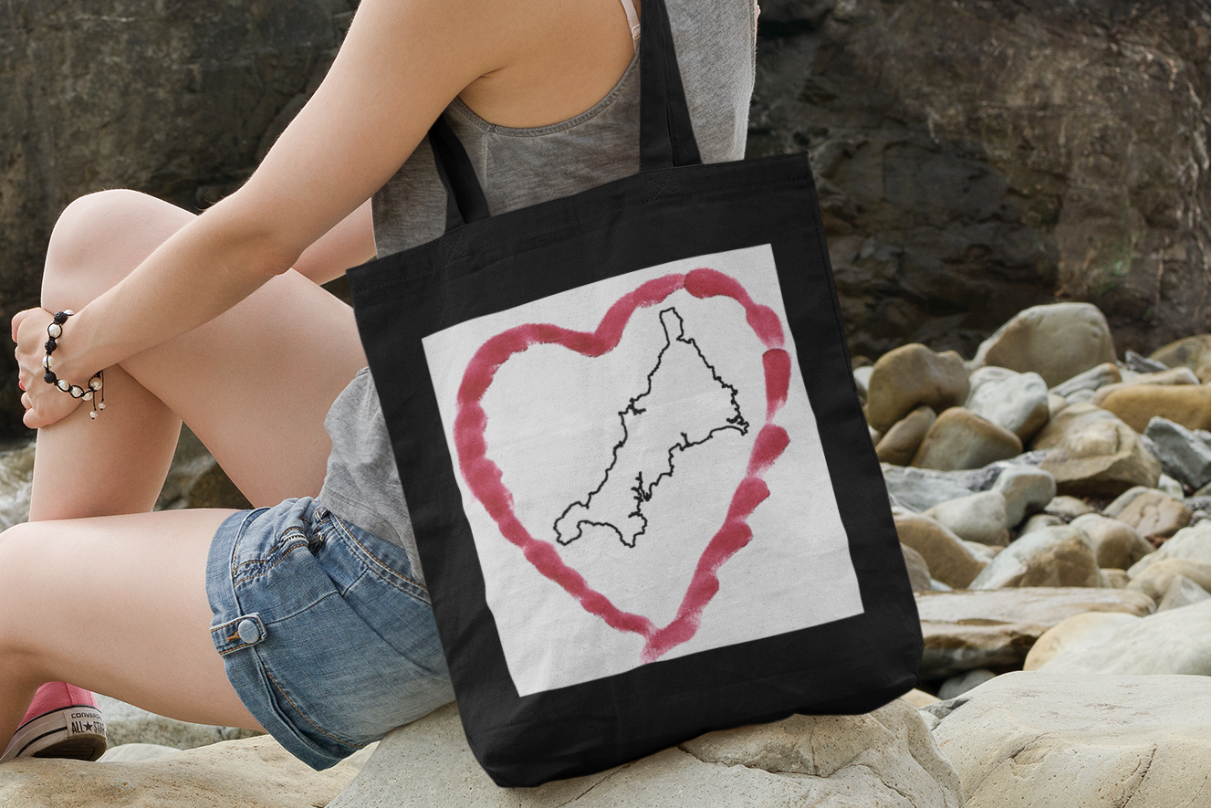 Black I Love Cornwall tote bag with Kernow heart design — Cornish gift shopper