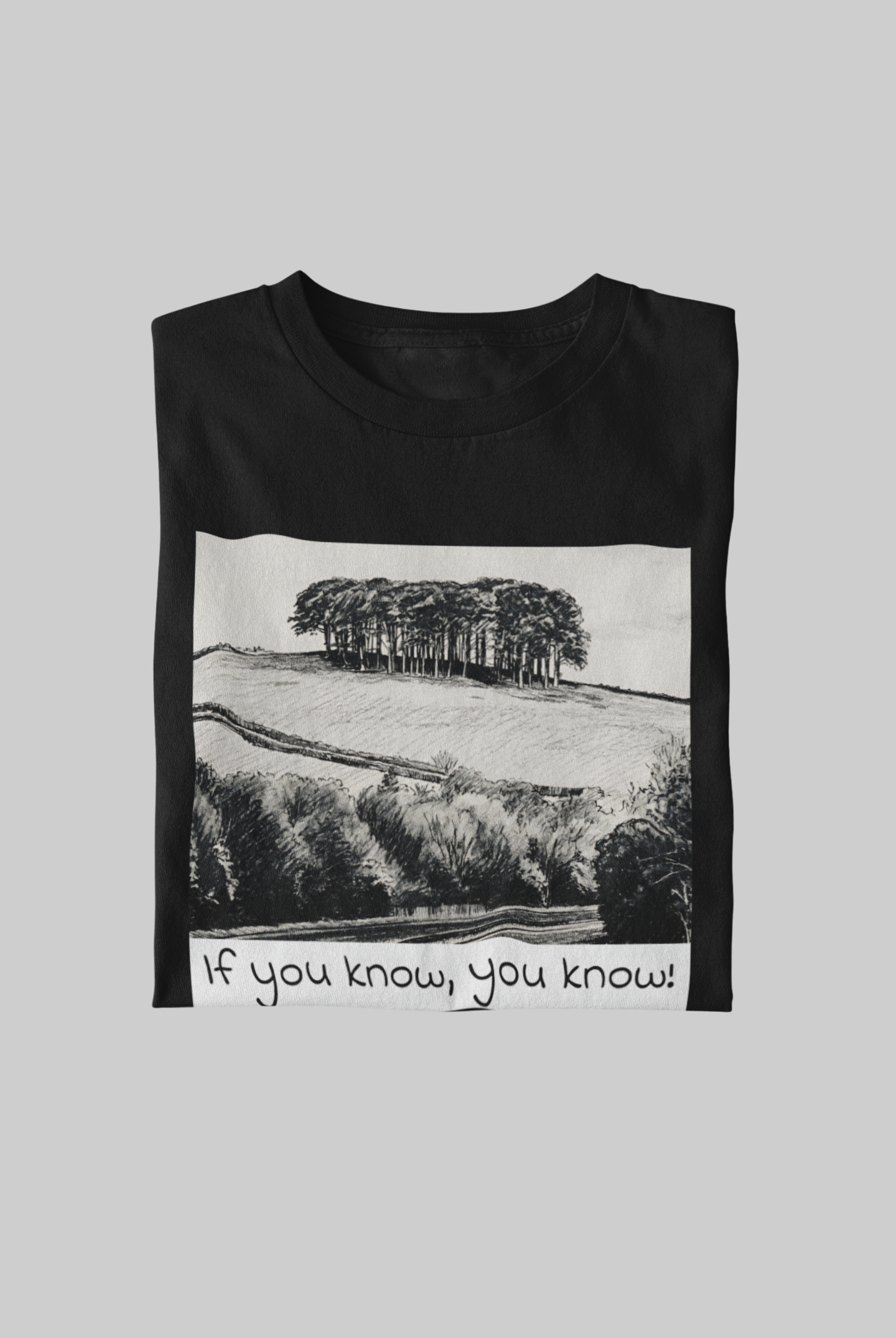 Black Nearly There Trees Cornwall graphic t-shirt, minimalist landscape print