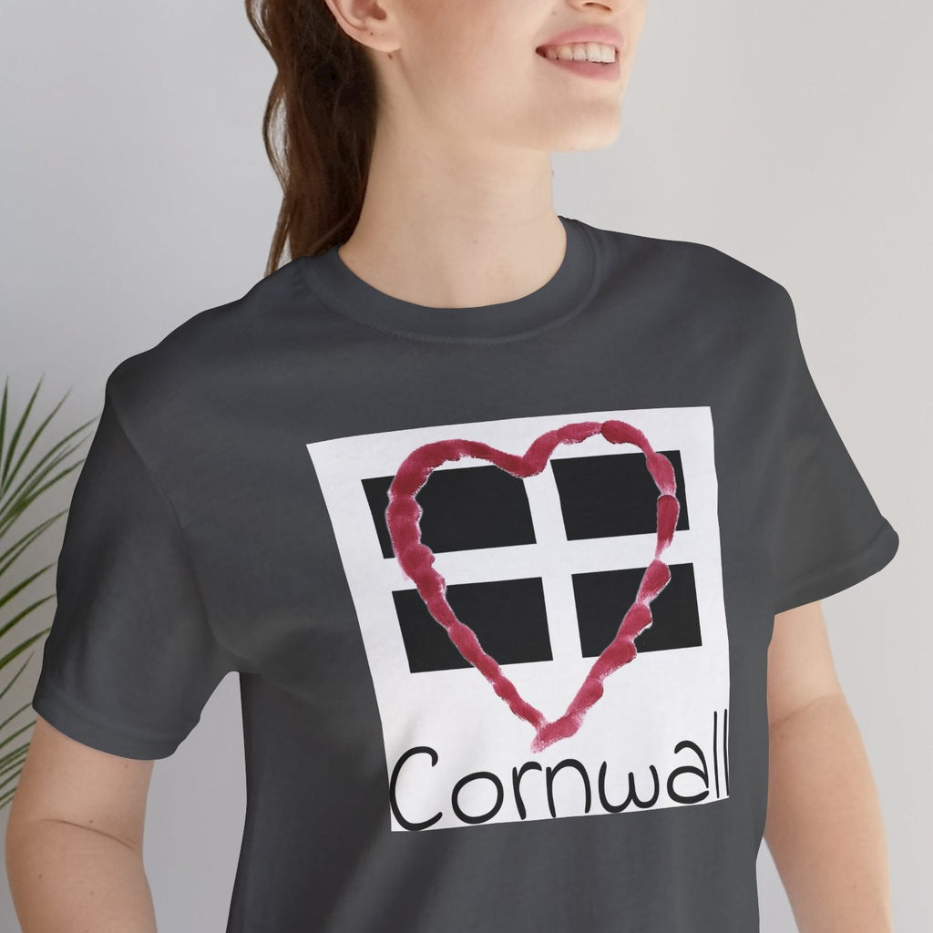 Close-up of Asphalt grey hand-drawn heart Cornwall flag design with handwritten script