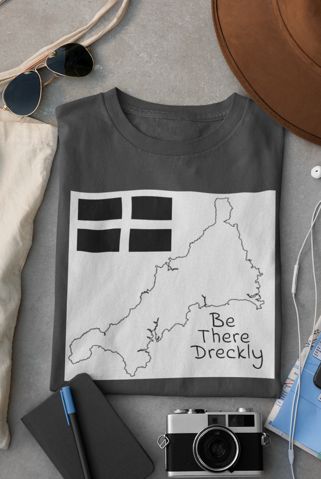 Close-up of Be There Dreckly Cornwall map design on grey t-shirt
