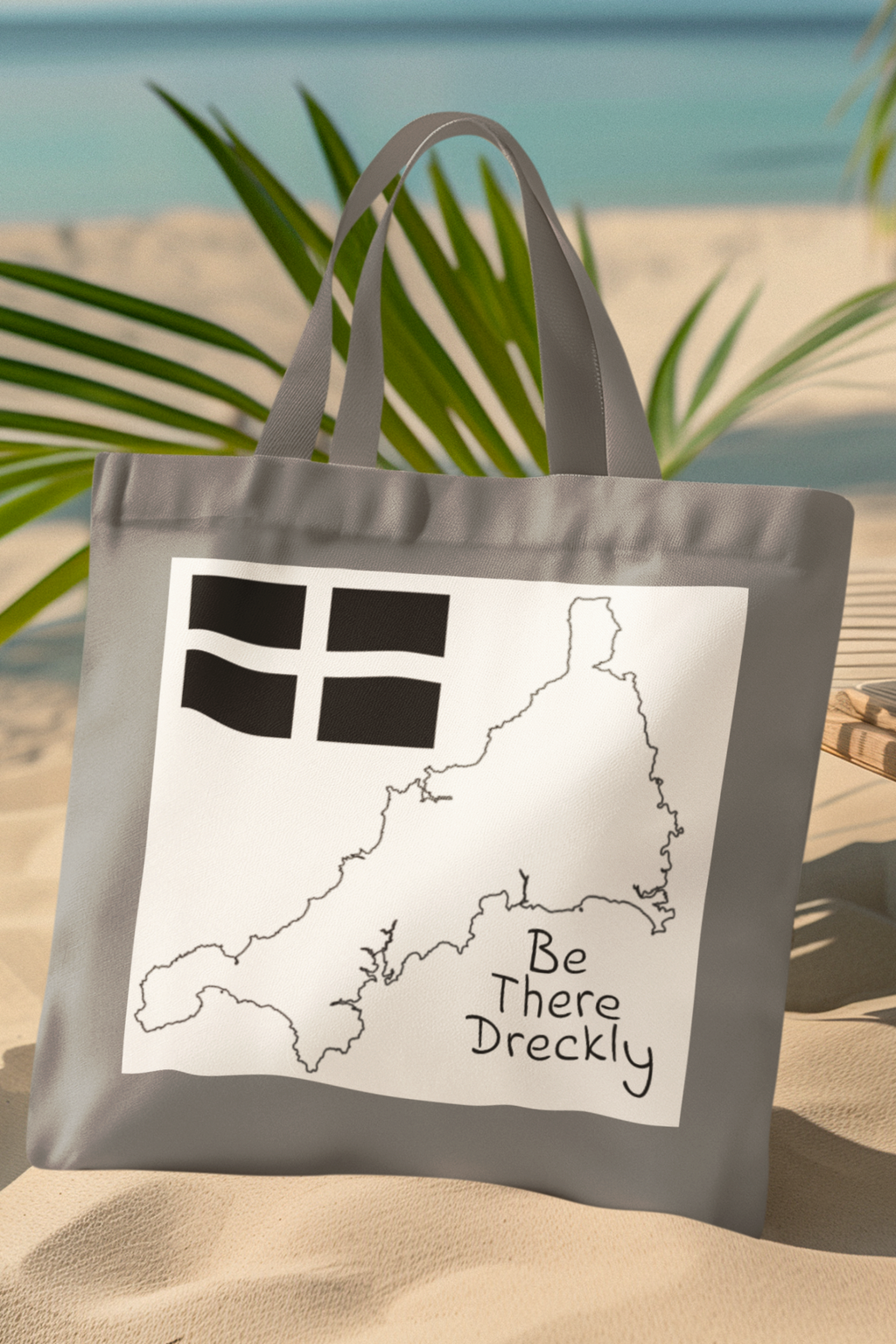 Close-up of Be There Dreckly print on Cornwall cotton tote bag with Kernow map