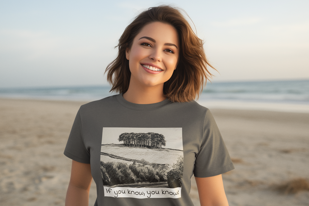 Close-up of Cooksworthy Knapp landscape print, "if you know you know" Asphalt t-shirt design