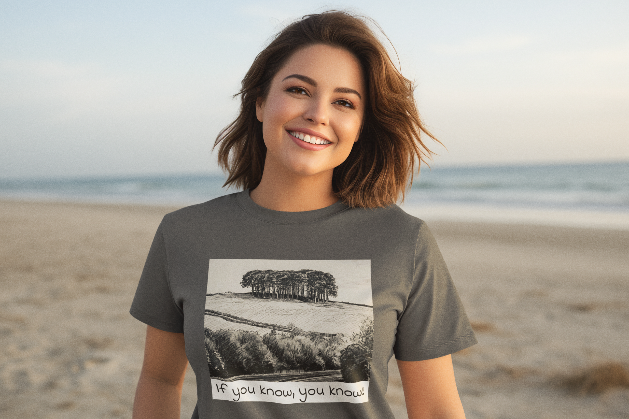 Close-up of Cooksworthy Knapp landscape print, "if you know you know" Asphalt t-shirt design