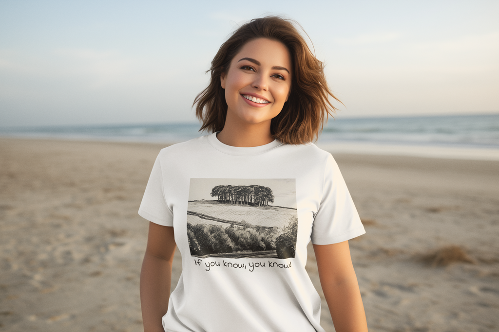 Close-up of Cooksworthy Knapp landscape print, "if you know you know" white t-shirt design