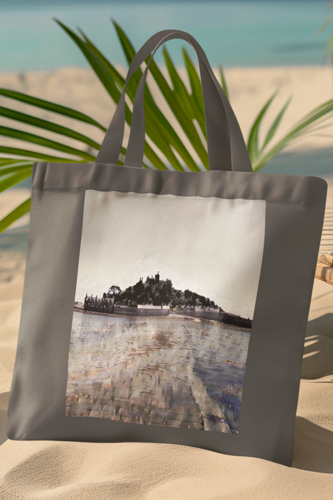 Close-up of St Michael's Mount coastal illustration on Grey Cornwall gift tote bag