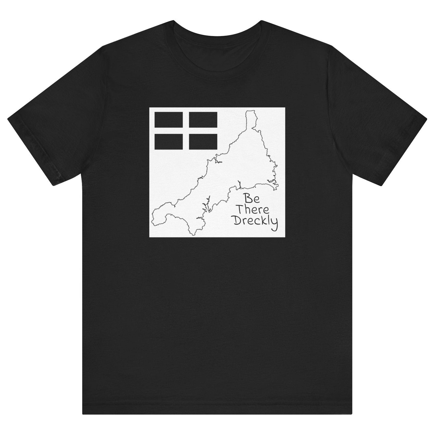 Close-up of black Be There Dreckly Cornwall map design on grey t-shirt