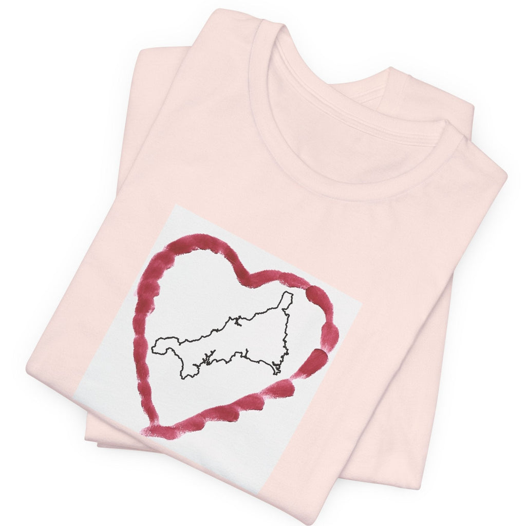 Close-up of hand-drawn Kernow heart map on Cornwall graphic t-shirt