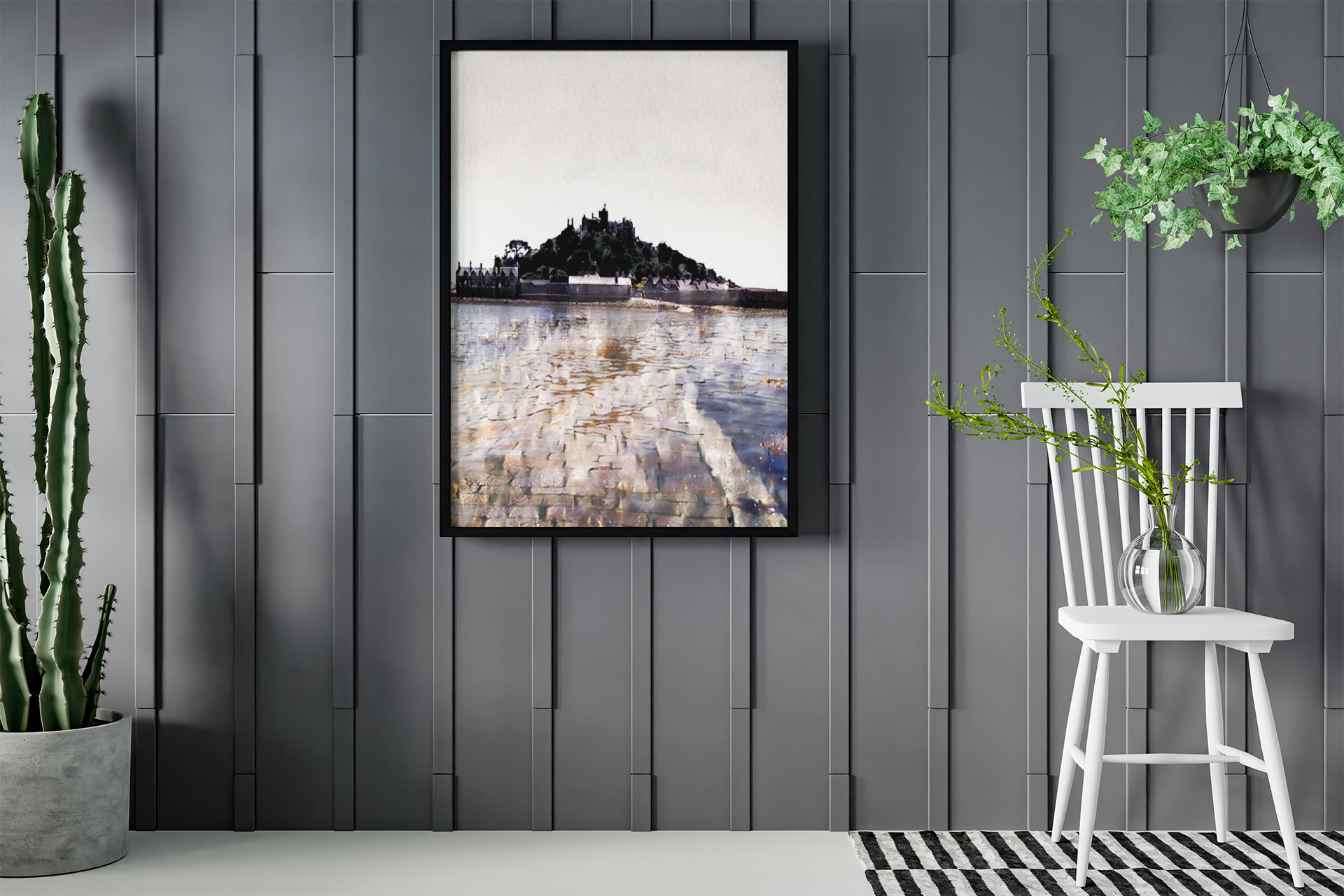 Cornish coastal print framed on dark hallway wall — St Michael's Mount art