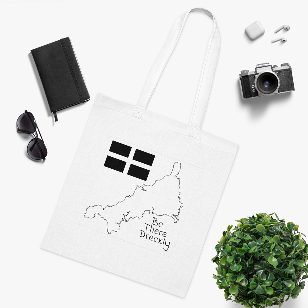 Cornwall Be There Dreckly cotton tote bag — natural white with St Piran flag design