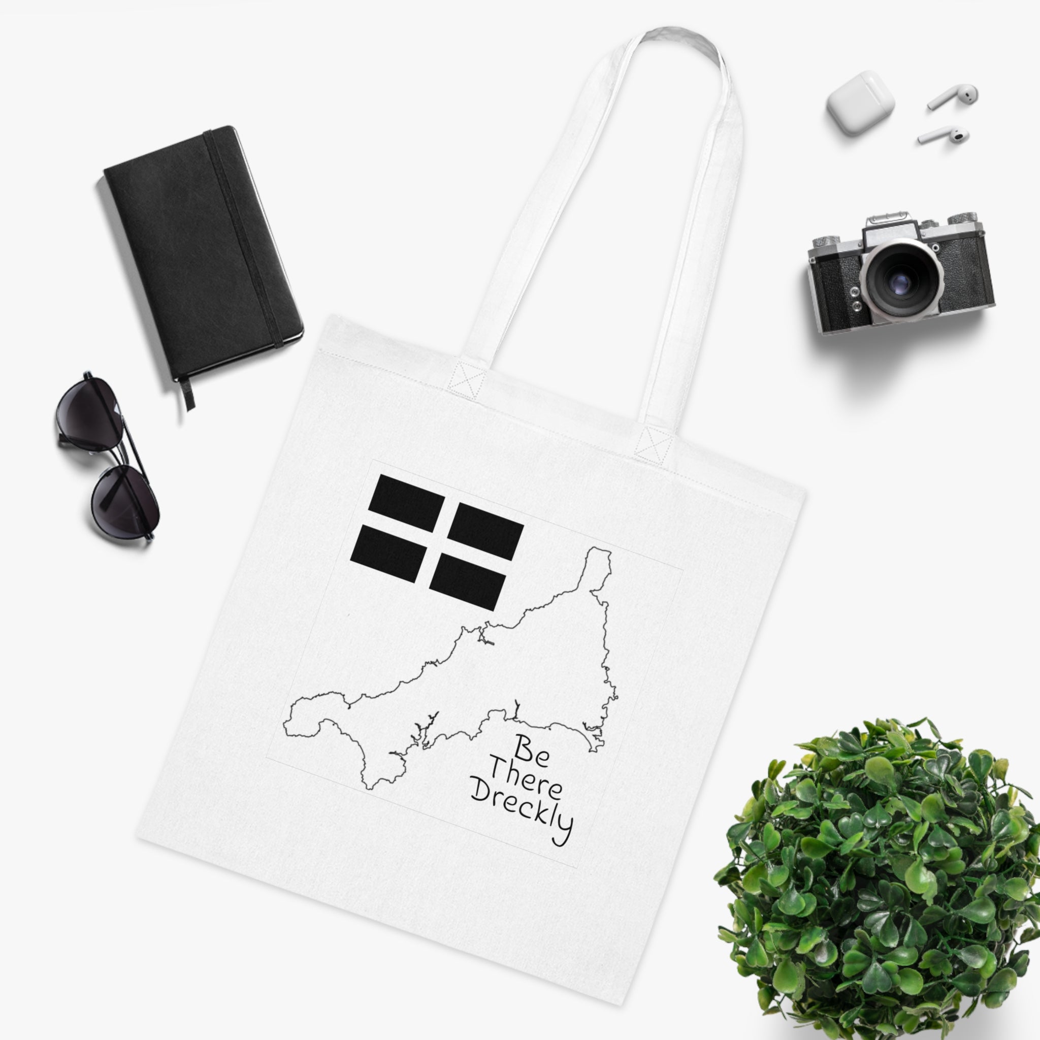Cornwall Be There Dreckly cotton tote bag — natural white with St Piran flag design