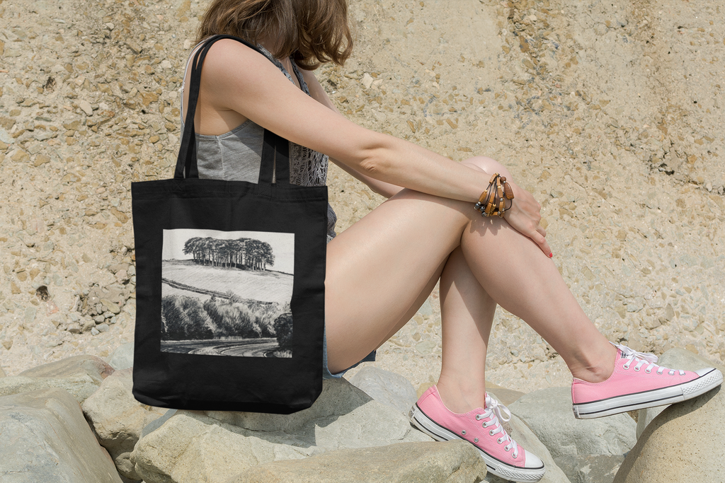 Cornwall Black tote bag on rocks at the beach, Nearly There Trees design