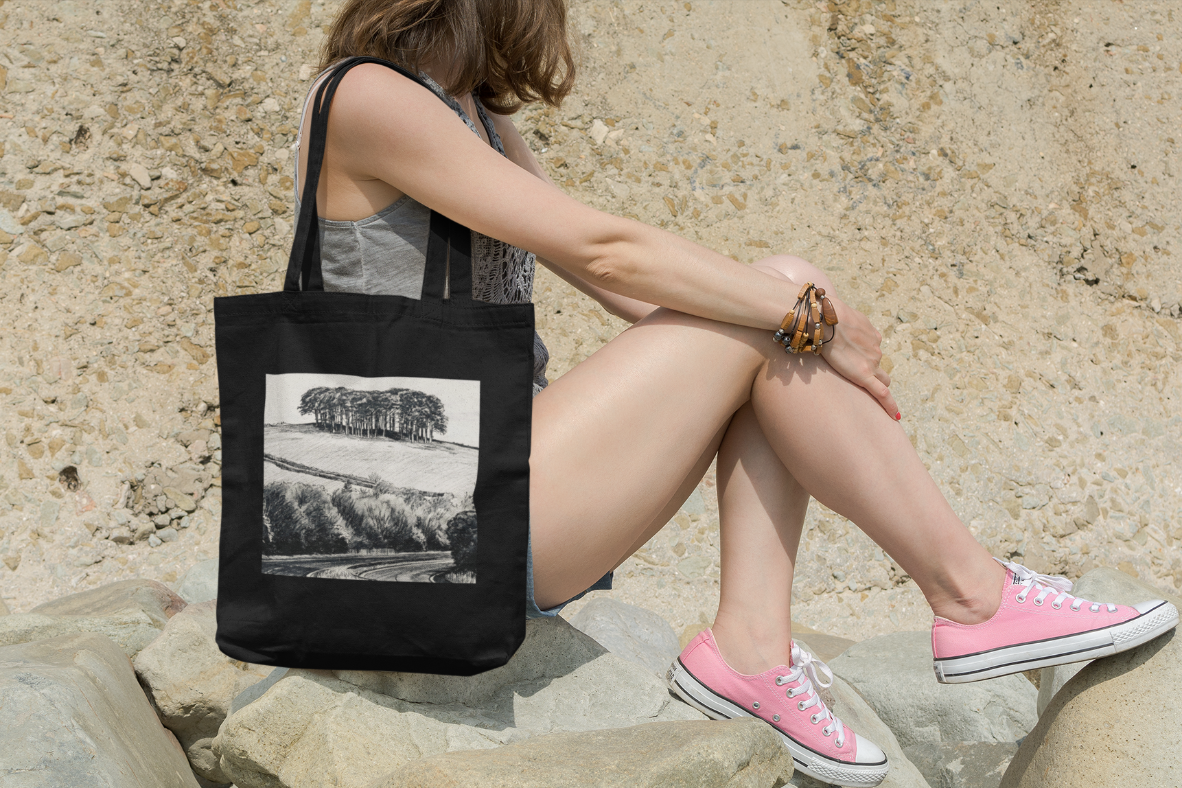 Cornwall Black tote bag on rocks at the beach, Nearly There Trees design