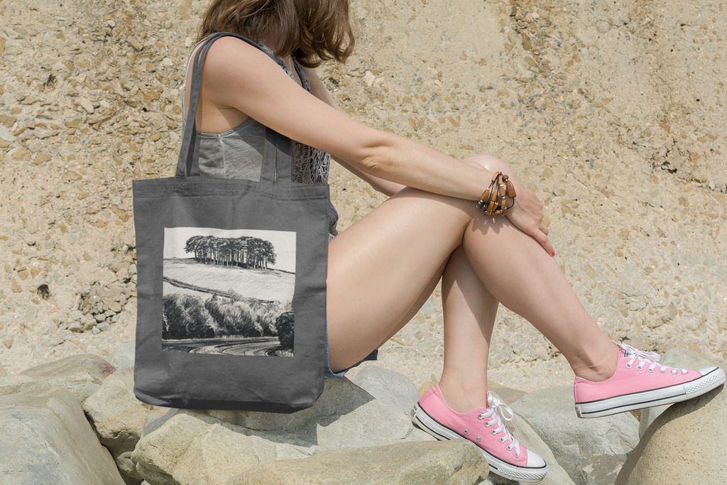 Cornwall Grey tote bag on rocks at the beach, Nearly There Trees design