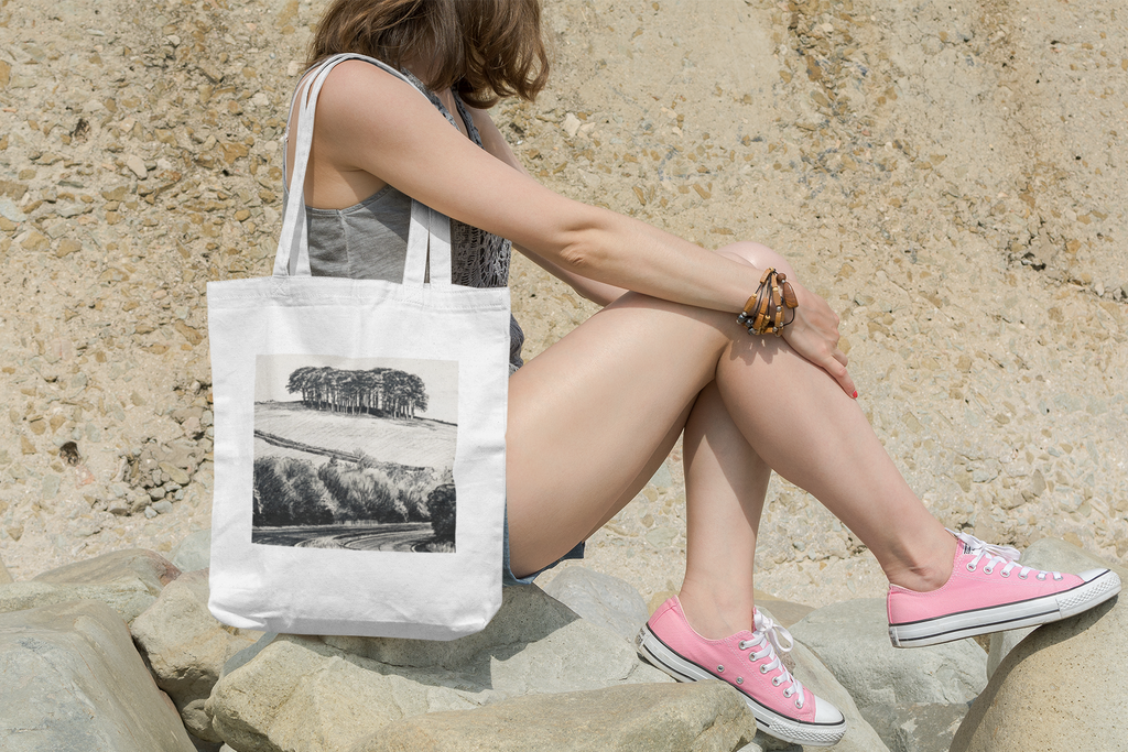 Cornwall White tote bag on rocks at the beach, Nearly There Trees design