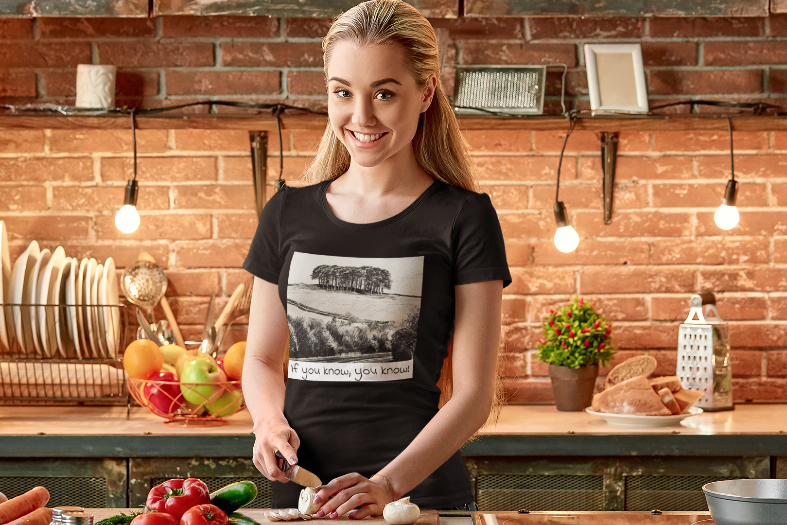 Cornwall holiday Black t-shirt worn in Kitchen, Nearly There Trees graphic tee lifestyle