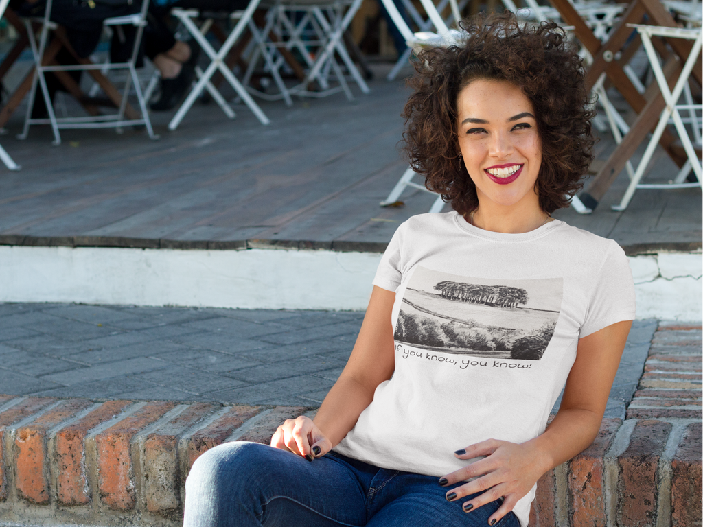 Cornwall holiday White t-shirt worn in town, Nearly There Trees graphic tee lifestyle