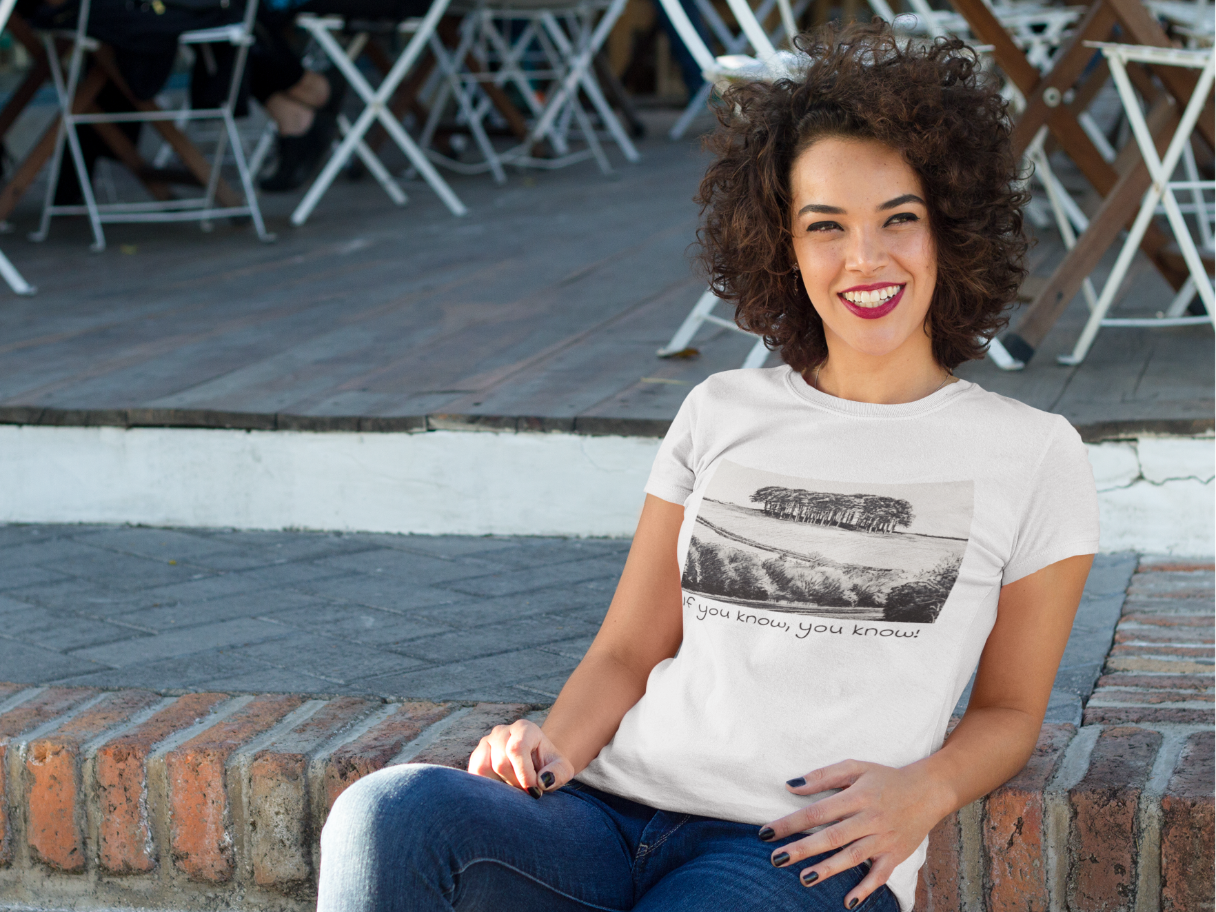 Cornwall holiday White t-shirt worn in town, Nearly There Trees graphic tee lifestyle