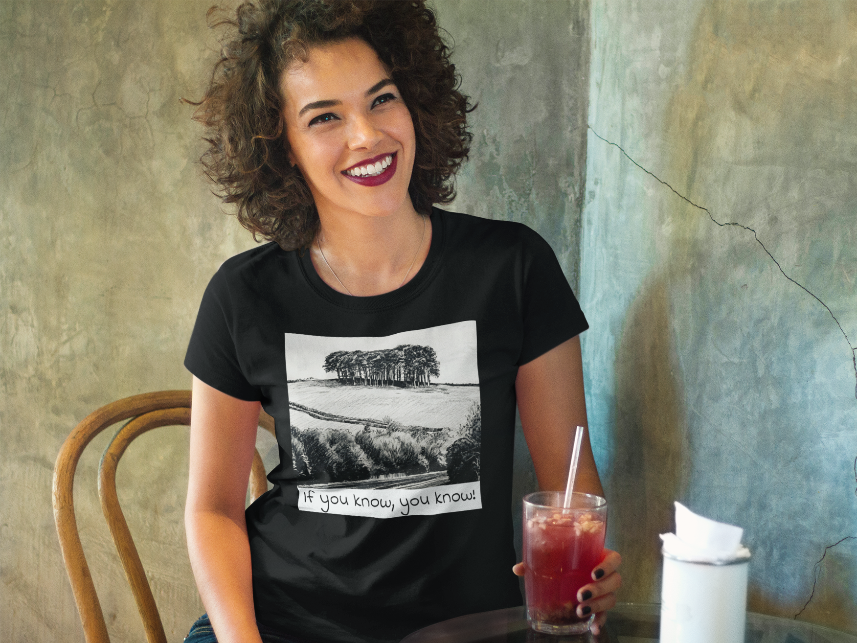 Cornwall holiday t-shirt worn in town, Nearly There Trees Black graphic tee lifestyle
