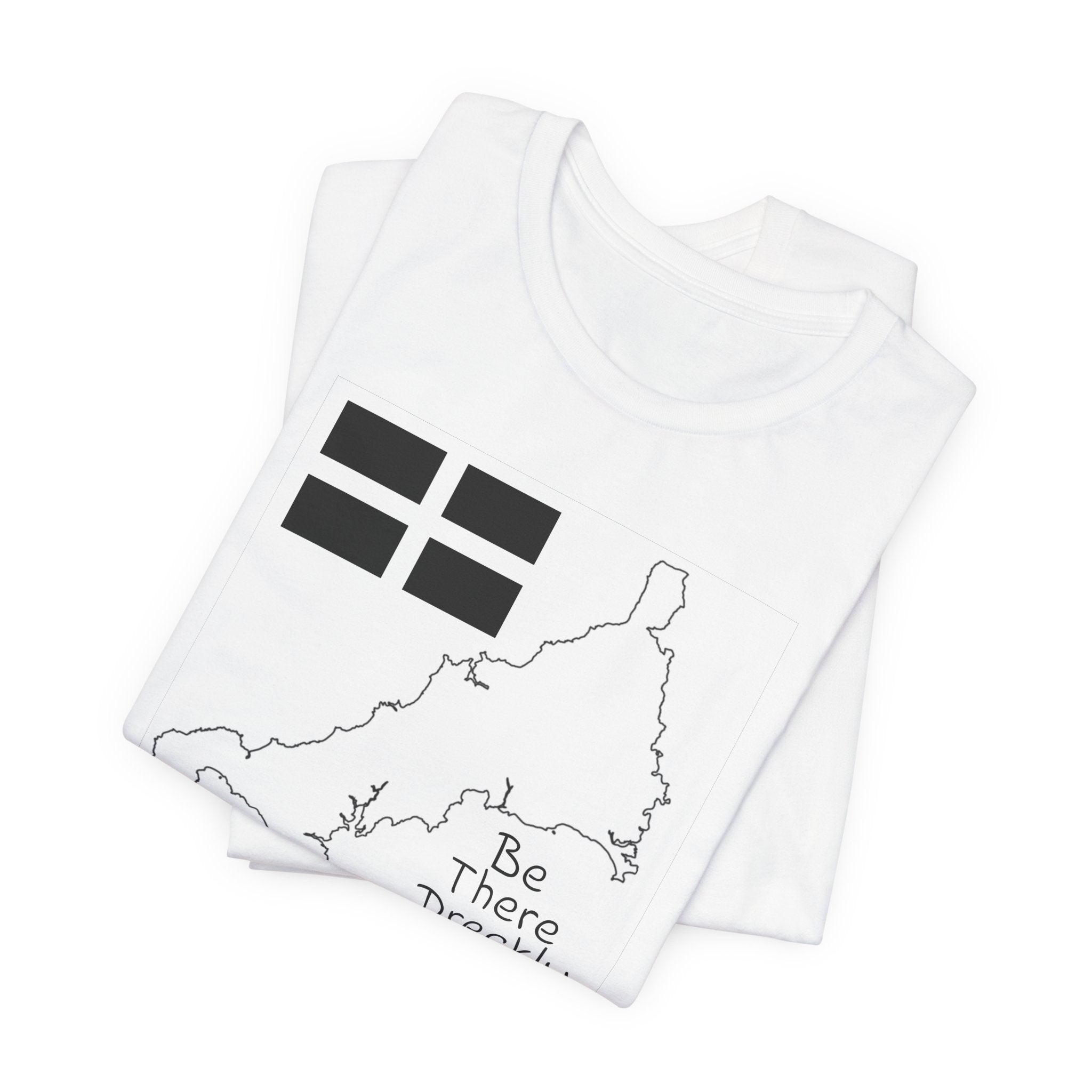 White Be There Dreckly Cornwall t-shirt flat lay, minimalist map graphic tee