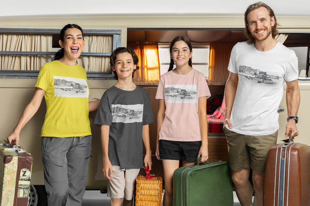 Family wearing St Ives Cornwall t-shirts, coastal lifestyle graphic tees