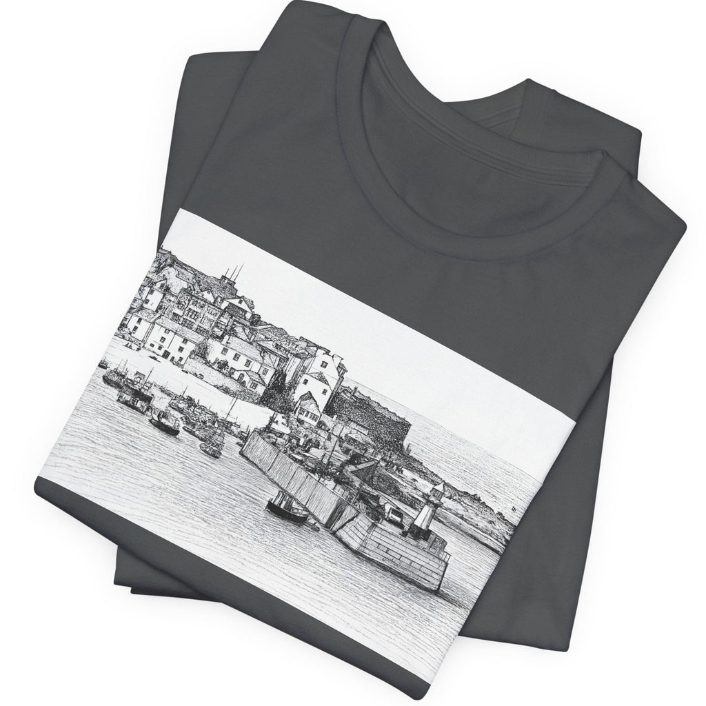 Folded Asphalt grey St Ives harbour illustration t-shirt, Bella+Canvas unisex tee on the beach