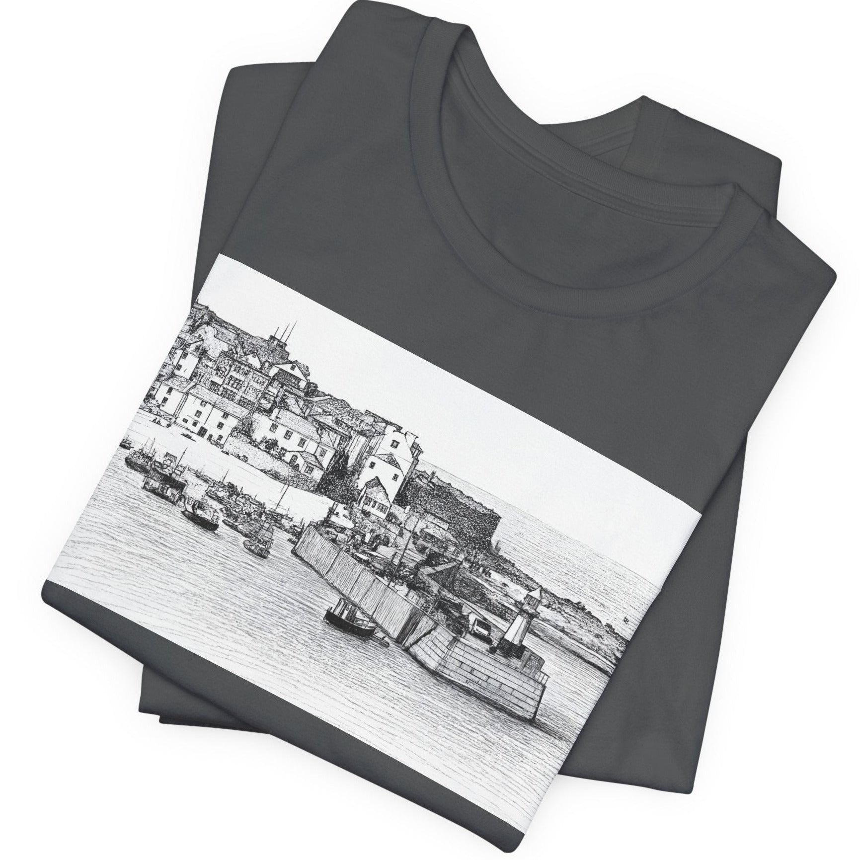 Folded Asphalt grey St Ives harbour illustration t-shirt, Bella+Canvas unisex tee on the beach