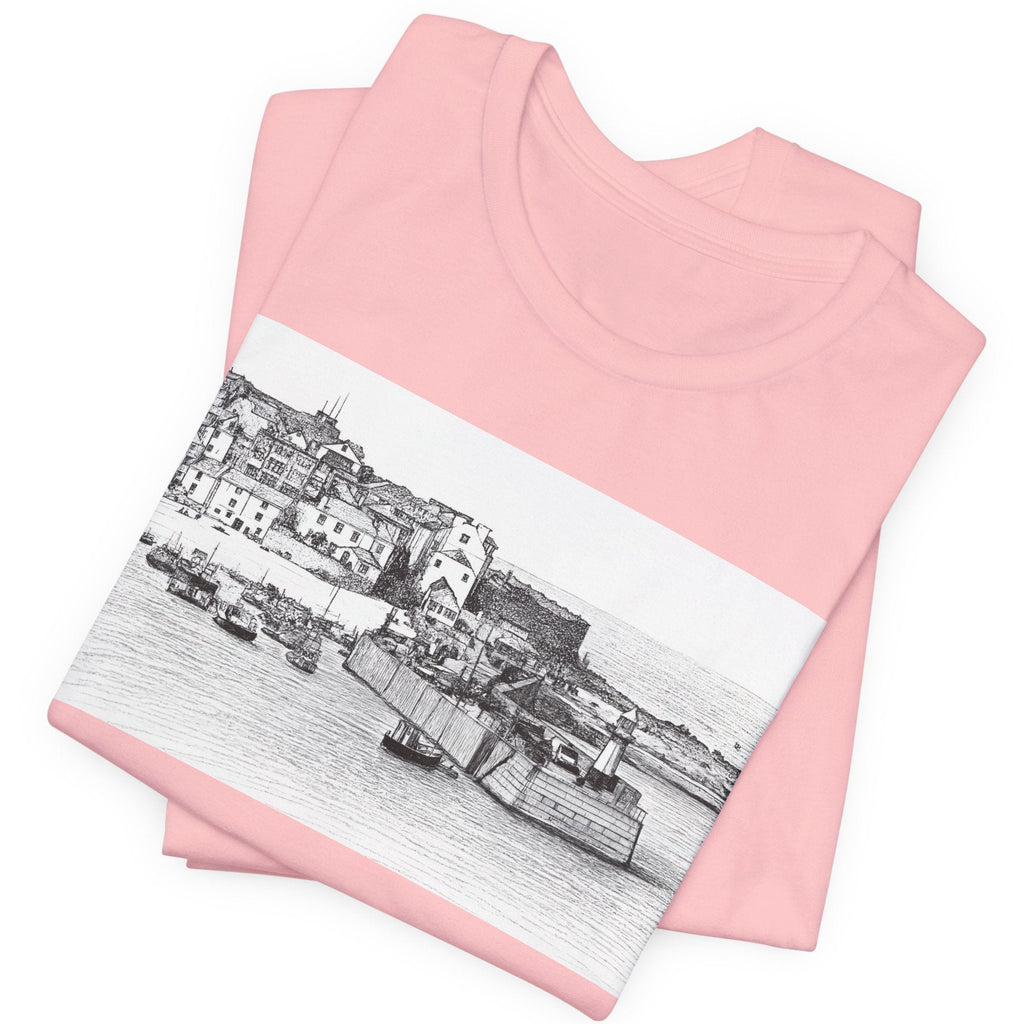 Folded Pink St Ives Cornwall graphic t-shirt, seaside sketch tee